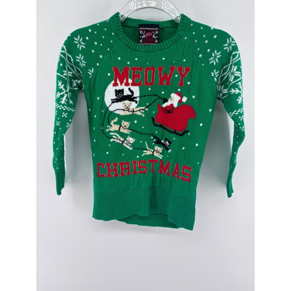 Well Worn Meowy Christmas Sweater Kids 3T Green Holiday Cat Santa Sleigh‎